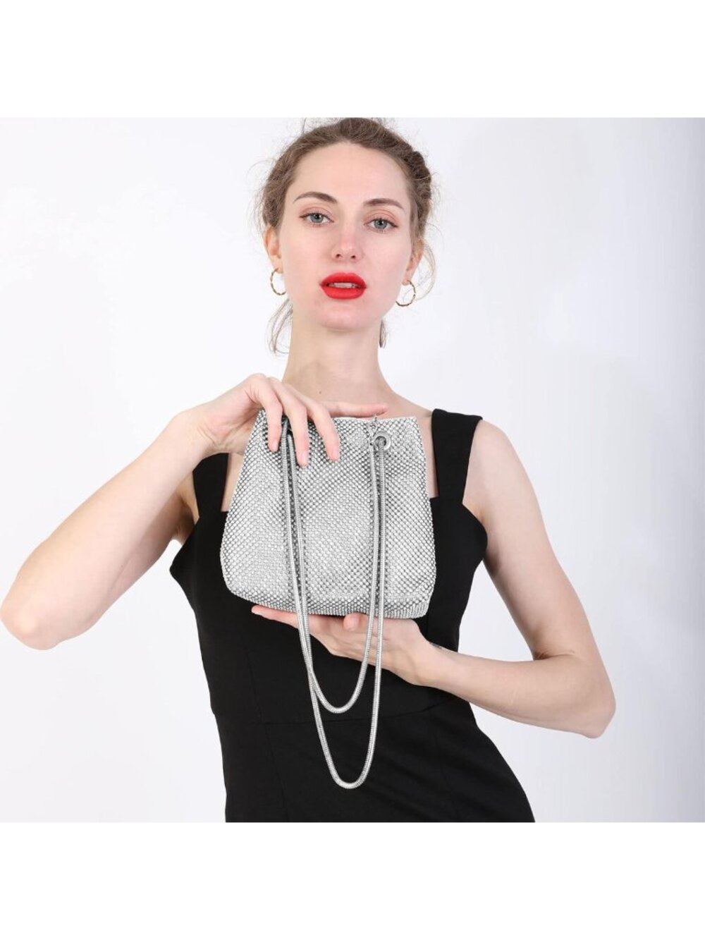 Silver Rhinestone Mesh Bucket Evening Bag Drawstring Shoulder Purse - Picture 3 of 5